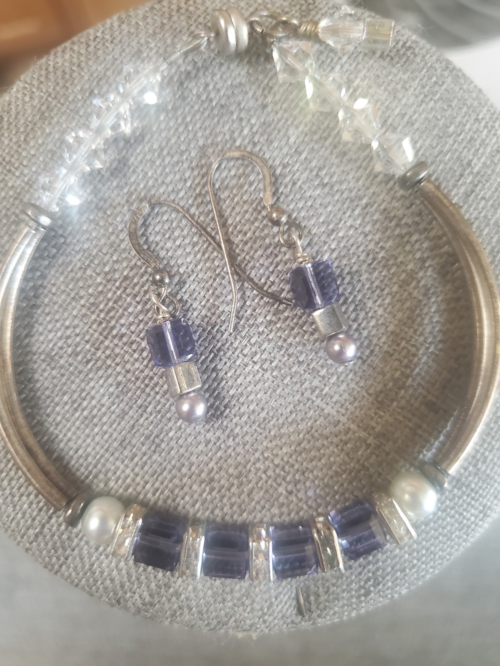 Silver-Tone Purple Bead Bracelet & Earrings Set